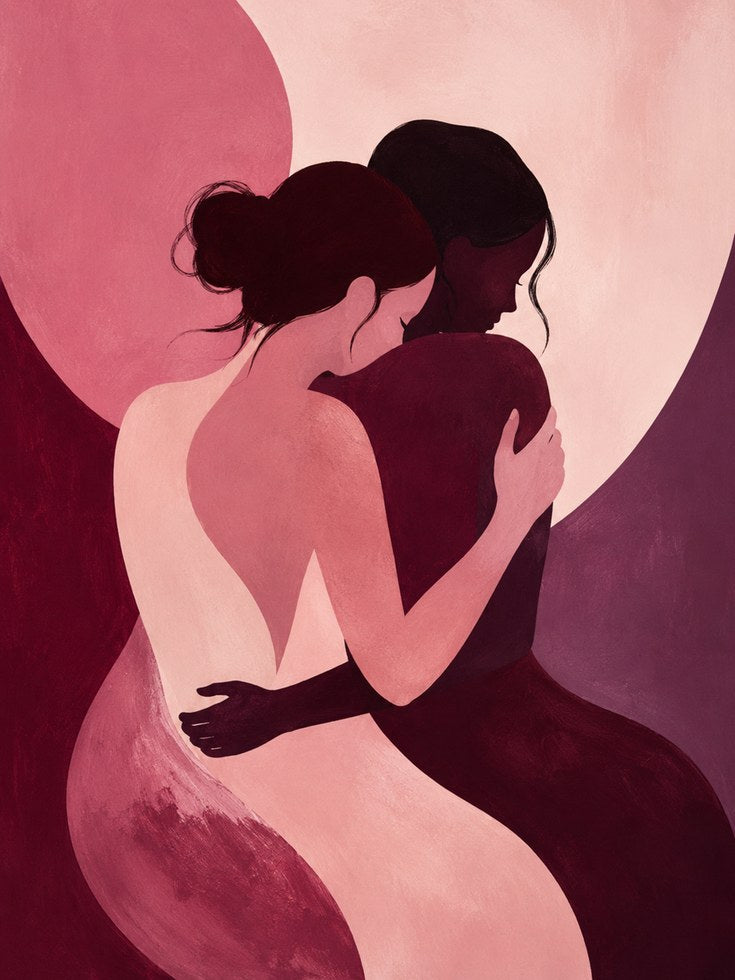 Embrace Silhouette Art Print: Modern Pink and Burgundy Figures - artwork on paper
