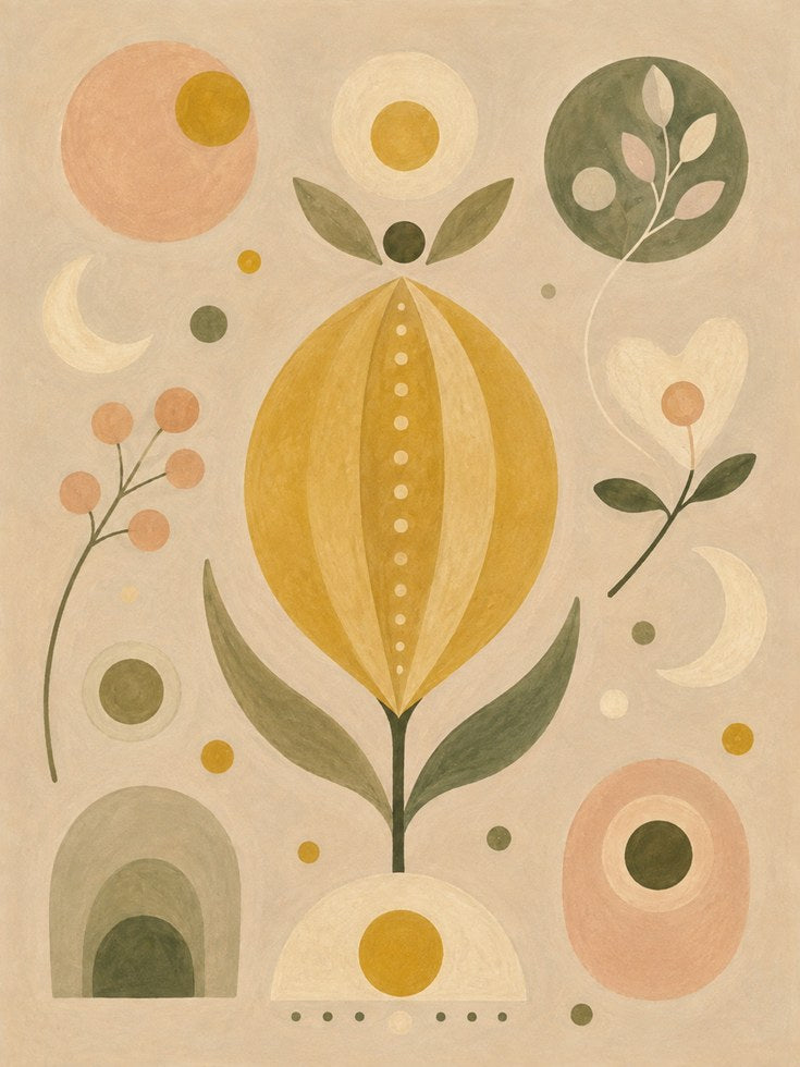 Mid-Century Botanical Print: Geometric Flower in Mustard and Sage - artwork on paper