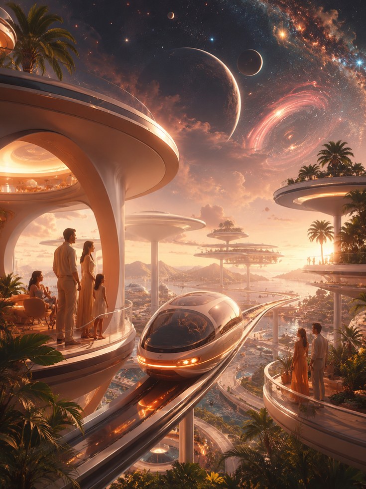 Futuristic Paradise Art Print: Retro Sci-Fi Cosmic Architecture - artwork on paper