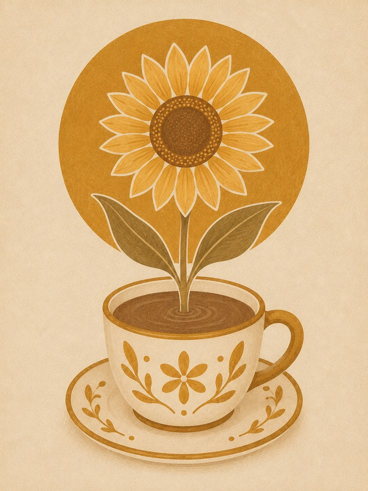 Sunflower Coffee Cup Art Print: Retro Botanical Kitchen Poster - artwork on paper