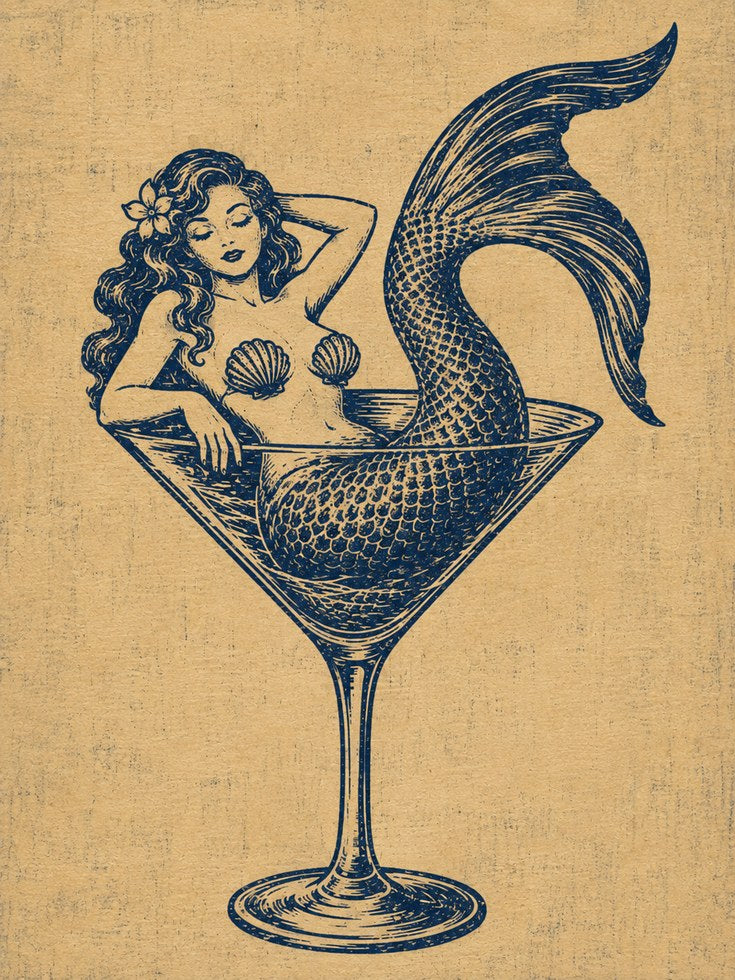 Mermaid Martini Glass Print: Vintage Blue Nautical Wall Art - artwork on paper
