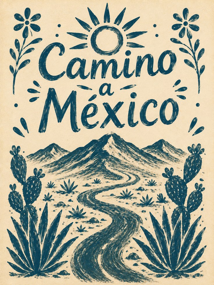 Camino a Mexico Poster: Vintage Travel Desert Landscape Art - artwork on paper