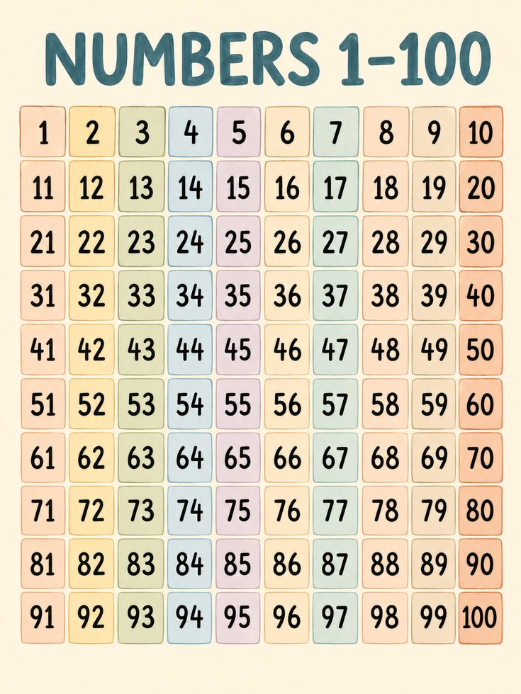 Number Chart Poster – Numbers 1-100 Wall Art - artwork on paper