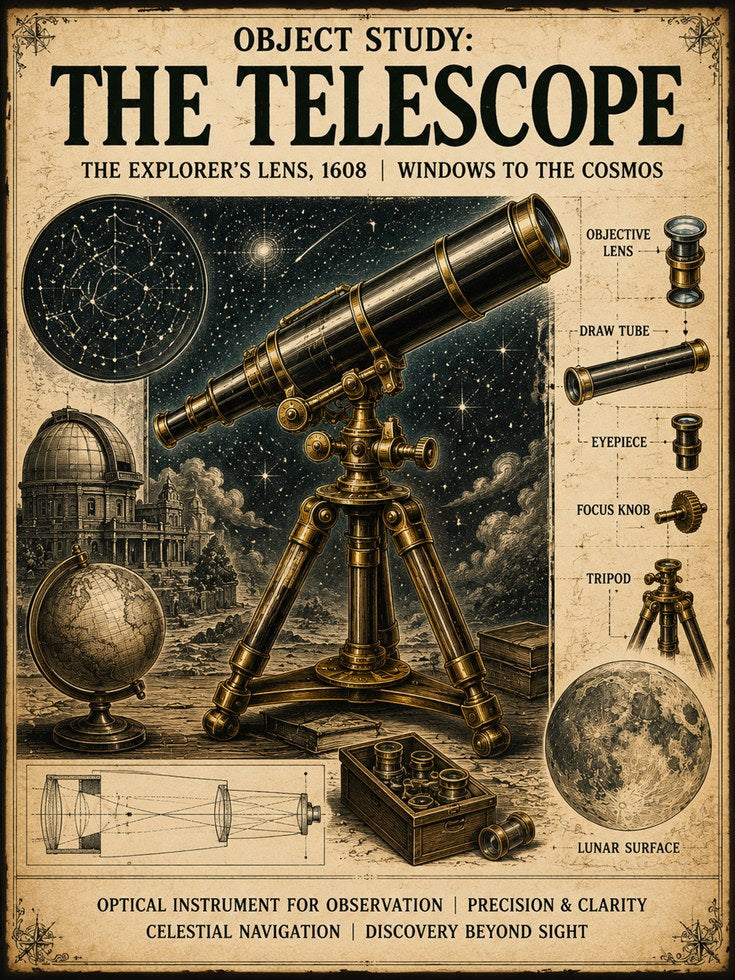 Vintage Telescope Diagram Poster: Scientific Illustration Art - artwork on paper