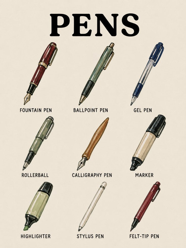 Pen Types Poster – Stationery Wall Art - artwork on paper