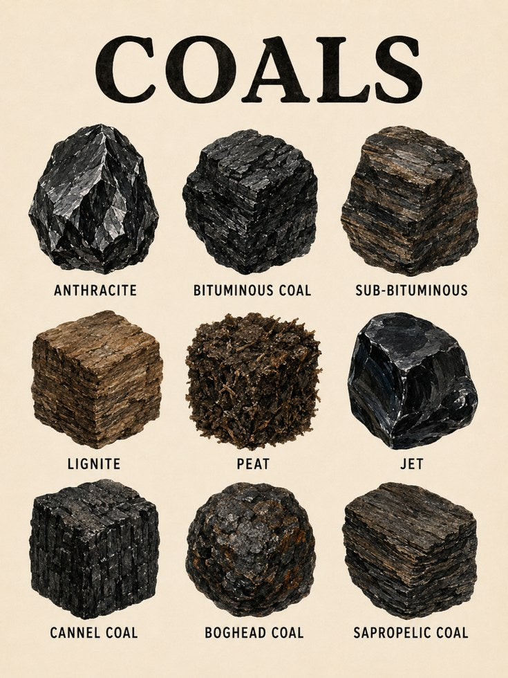 Coal Types Educational Poster: Vintage Scientific Chart Art - artwork on paper