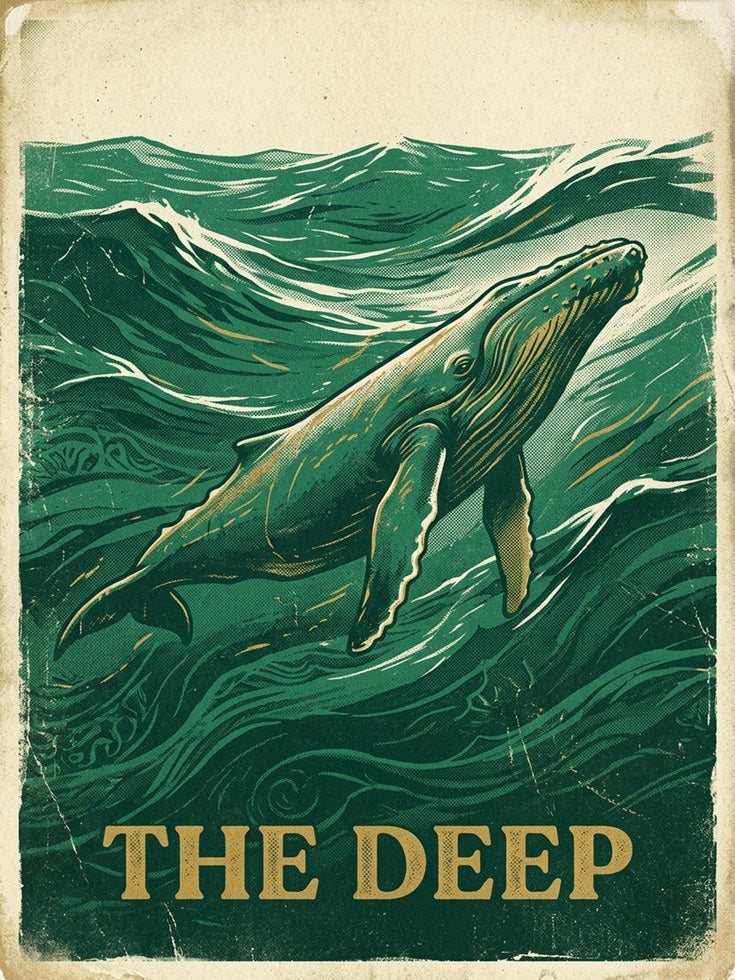 Humpback Whale Art Print: Vintage Green Woodblock Ocean Poster - artwork on paper