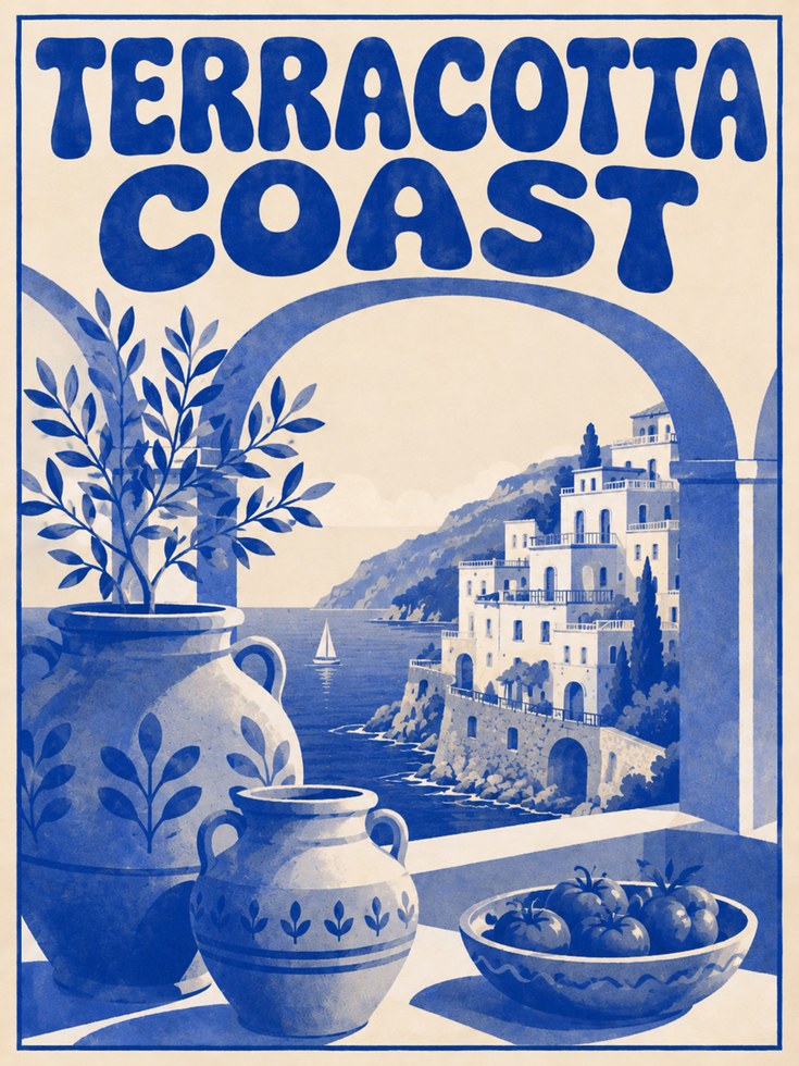 Terracotta Coast Travel Poster: Vintage Italian Riviera - artwork on paper
