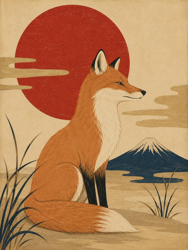 Japanese Fox Art Print: Vintage Kitsune with Mount Fuji - artwork on paper