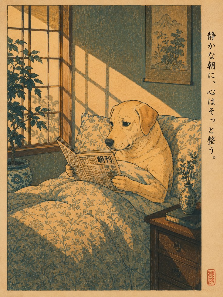 Japanese Dog Reading Newspaper Print - artwork on paper