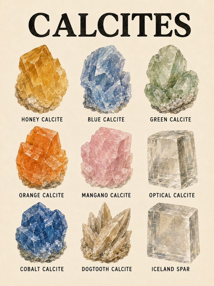 Calcites Educational Print — Watercolor Crystal Chart - artwork on paper