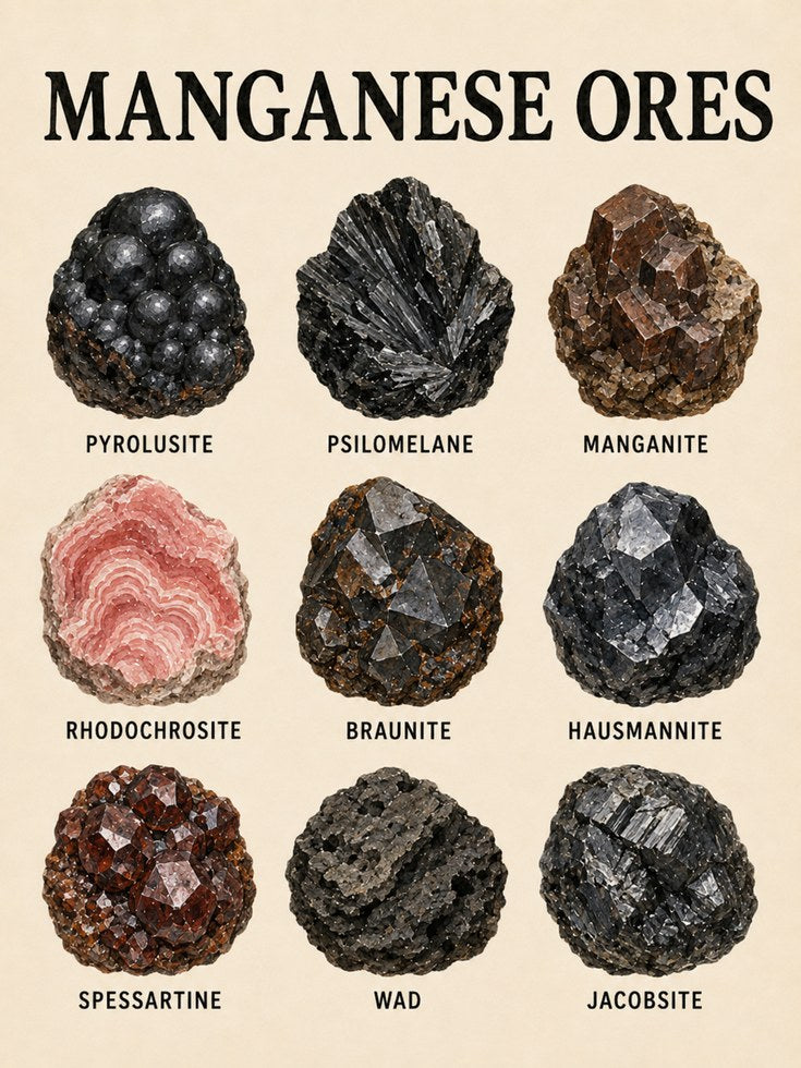 Manganese Ores Educational Poster: Vintage Mineralogy Chart - artwork on paper