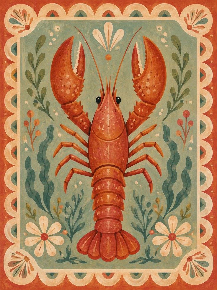 Folk Art Lobster Print – Vintage Coastal Wall Art - artwork on paper