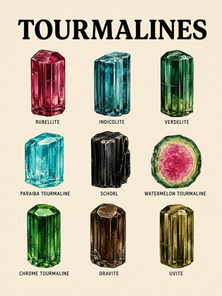 Tourmaline Gemstone Chart Print — Educational Crystal Illustration - artwork on paper