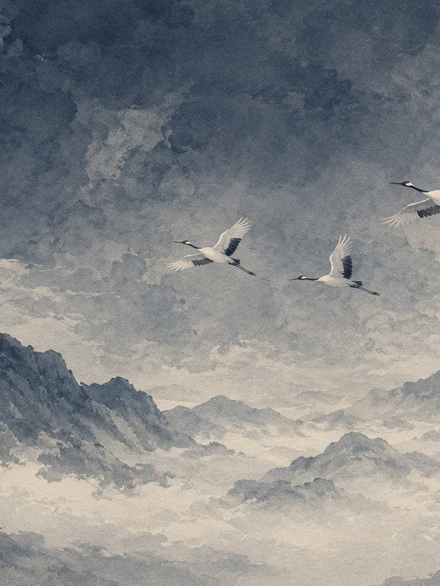 Flying Cranes Art Print: Watercolor Mountain Landscape - artwork on paper