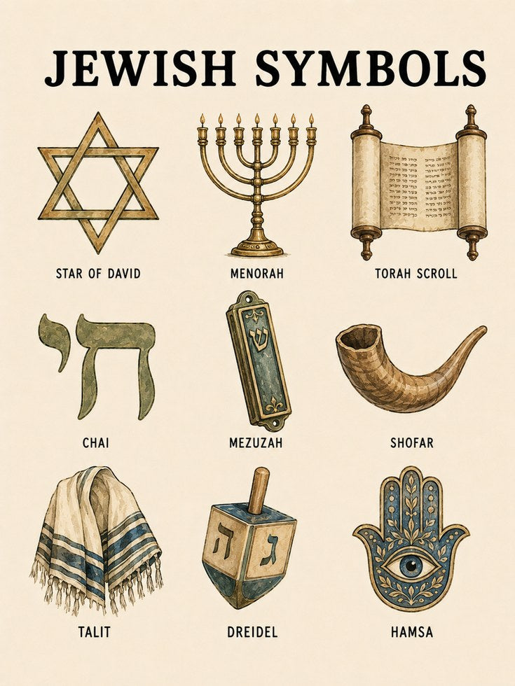 Jewish Symbols Print: Vintage-Inspired Educational Wall Art - artwork on paper