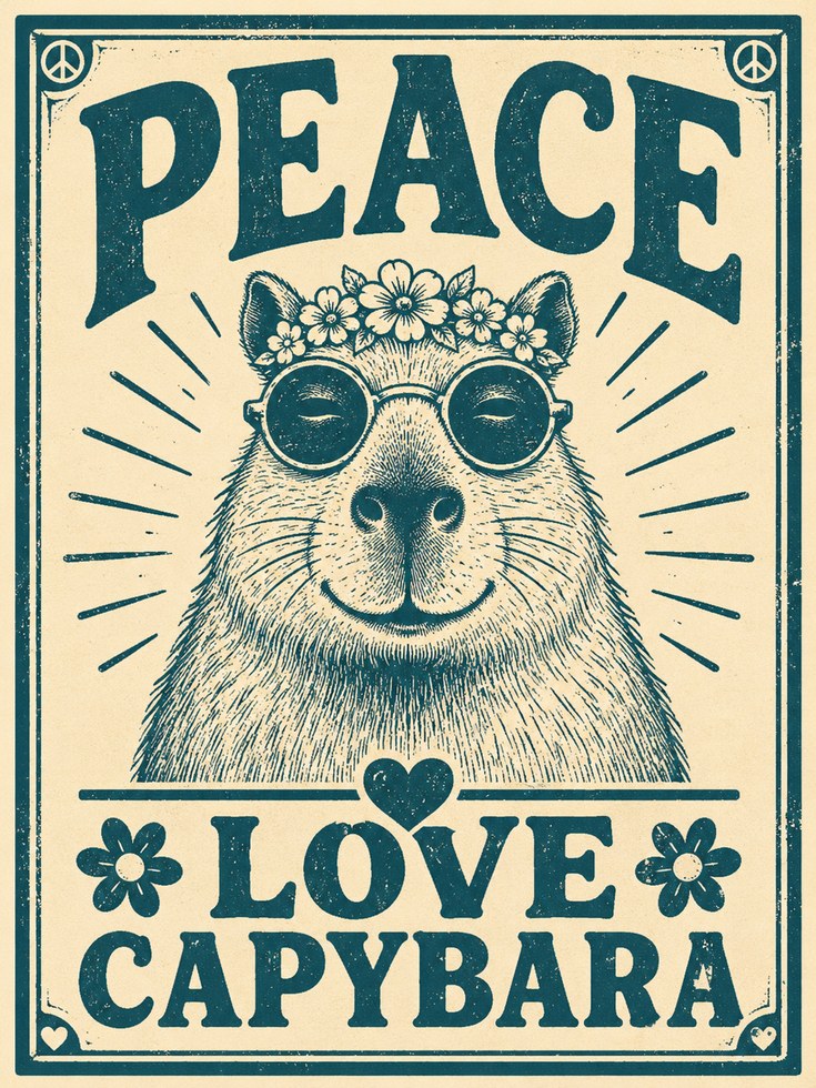 Capybara Wall Art: Retro Hippie Vibes (Peace & Love Poster) - artwork on paper