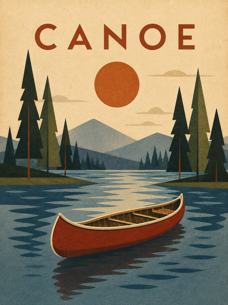 Canoe Vintage Travel Poster: Retro Lake Wilderness Art Print - artwork on paper