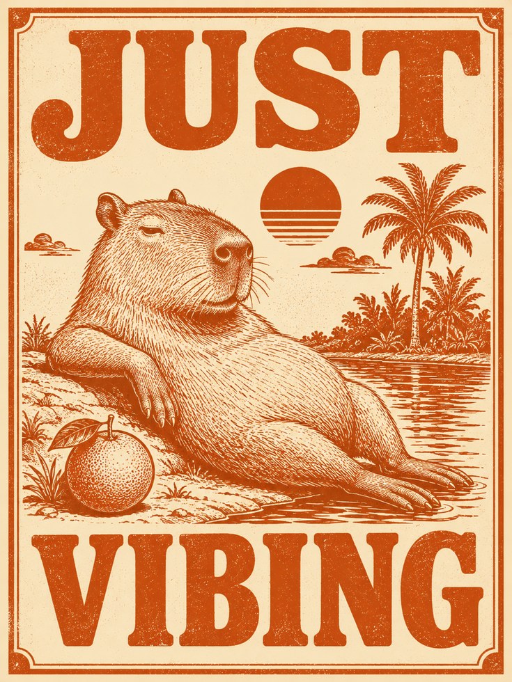 Capybara Print: Retro 70s Tropical Wall Art - artwork on paper