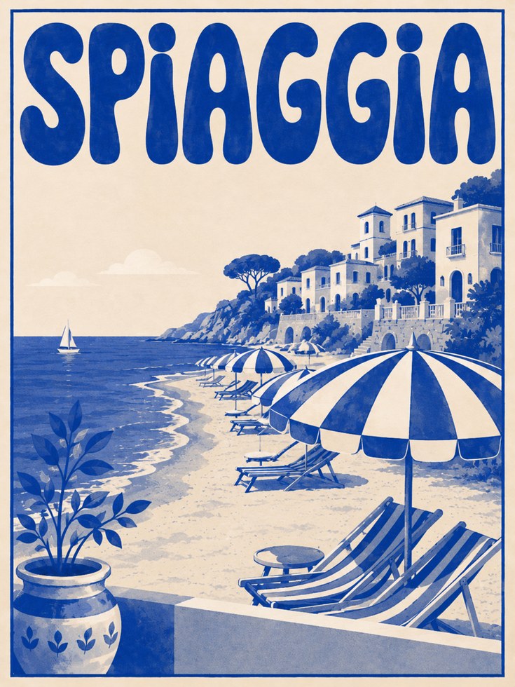 Italian Travel Poster: Vintage Coastal Beach Scene - artwork on paper