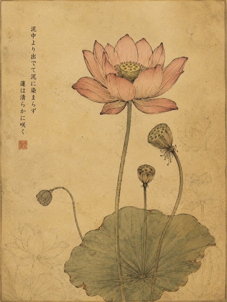 Vintage Lotus Flower Print — Japanese Botanical Illustration - artwork on paper