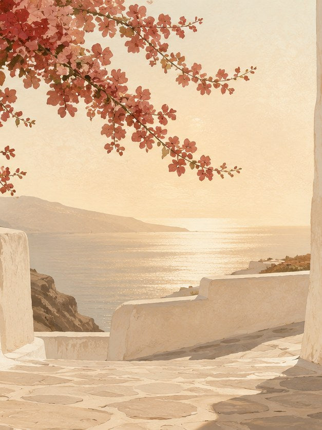 Mediterranean Terrace with Bougainvillea: Warm Coastal Wall Art - artwork on paper