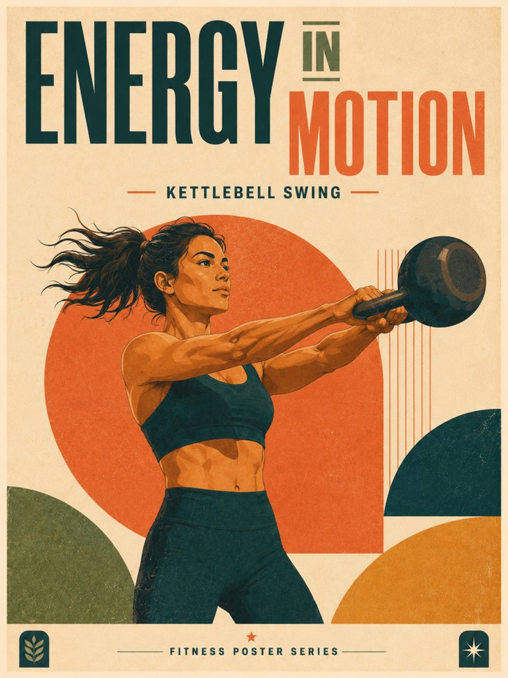 Energy In Motion Kettlebell Poster: Retro Fitness Wall Art - artwork on paper