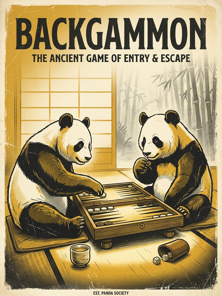 Backgammon Panda Print — Vintage Japanese Style Game Room Art - artwork on paper