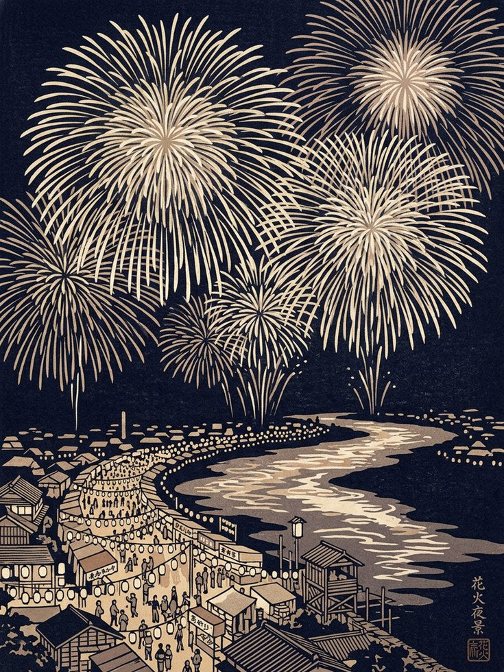 Japanese Fireworks Festival Print: Traditional Woodblock Art - artwork on paper