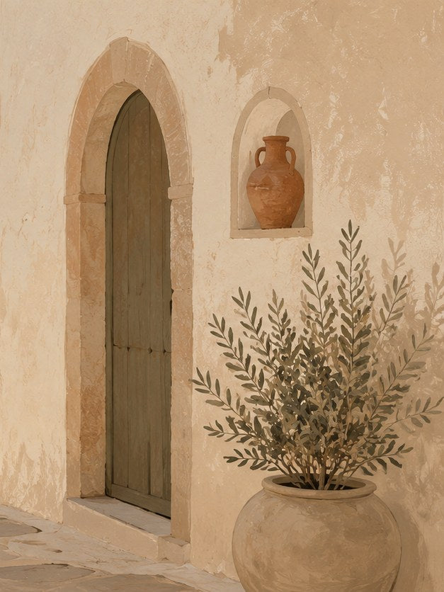 Mediterranean Doorway Wall Art: Terracotta and Olive Tones - artwork on paper