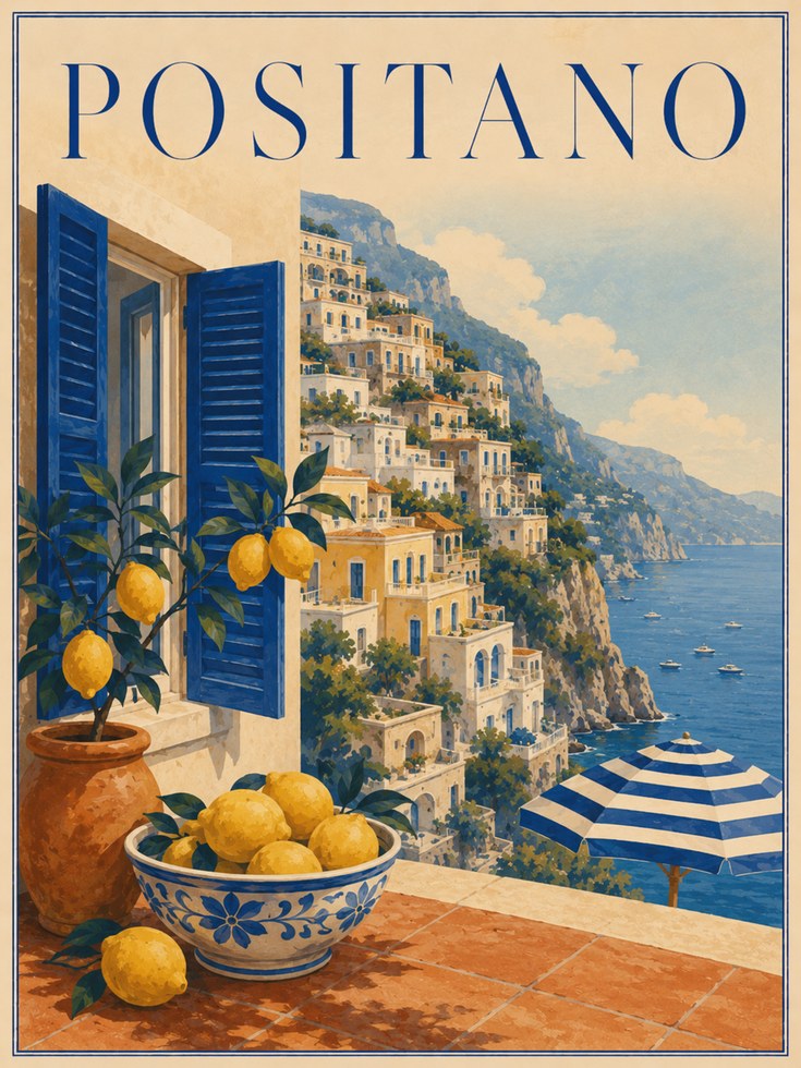 Positano Travel Poster – Vintage Italian Coast - artwork on paper