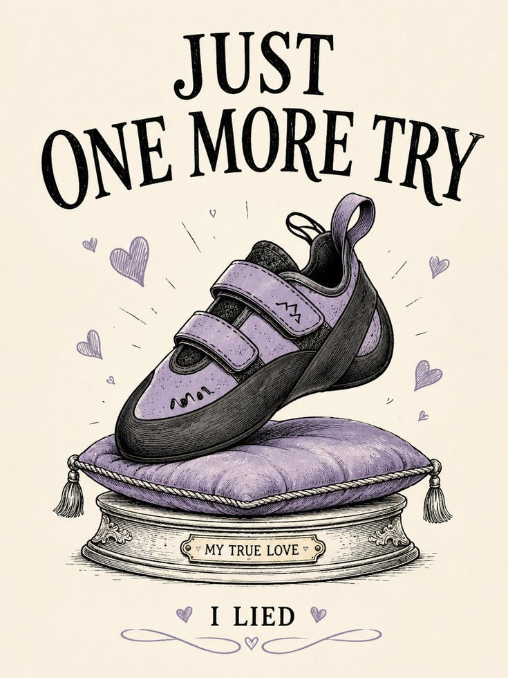 Just One More Try Climbing Shoe Print: Motivational Purple Art - artwork on paper