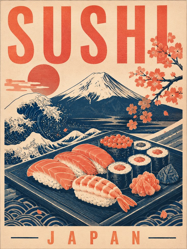 Sushi Travel Poster: Mid-Century Japan Art - artwork on paper