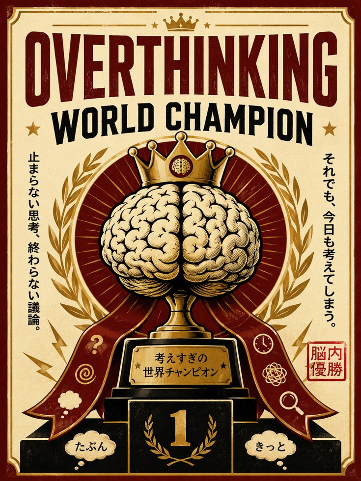 Overthinking World Champion Poster: Retro Japanese Trophy Design - artwork on paper