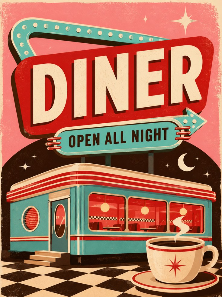 Retro Diner Wall Art – Vintage Kitchen Decor - artwork on paper