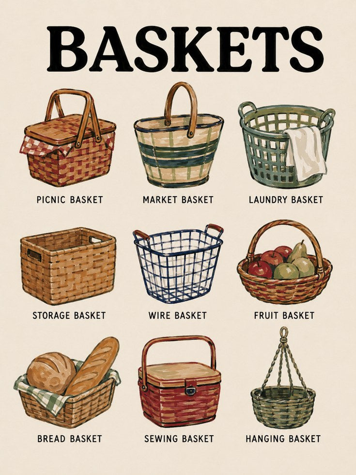 Basket Types Poster – Kitchen Wall Art - artwork on paper
