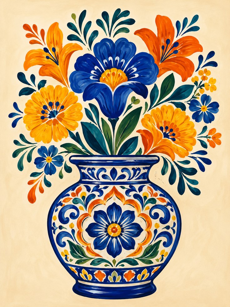 Folk Art Vase Print – Floral Pottery Wall Art - artwork on paper
