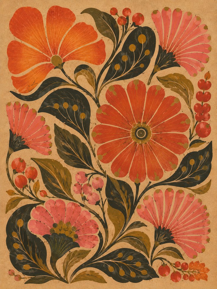 Folk Art Floral Print — Vintage Hand-Painted Blooms - artwork on paper
