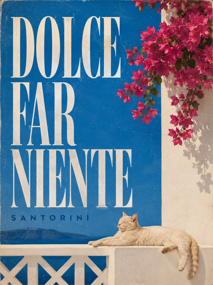 Dolce Far Niente Santorini Poster: Greek Island Travel Art Print - artwork on paper