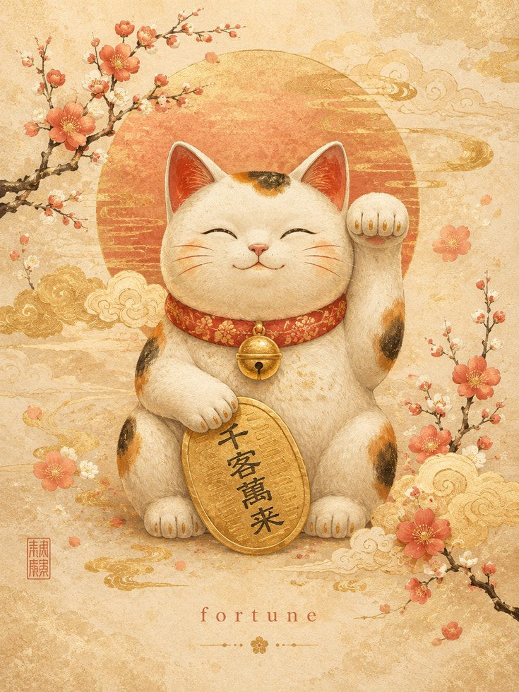 Maneki Neko Lucky Cat Wall Art - artwork on paper