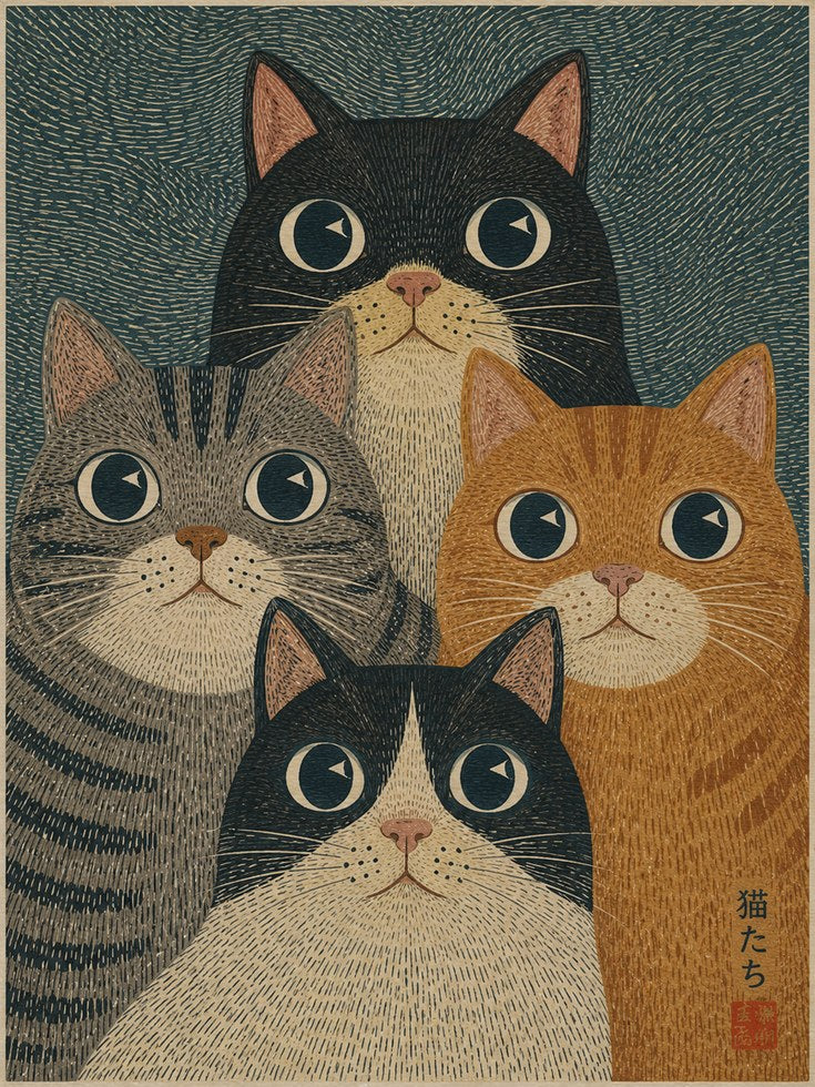 Japanese Folk Art Cat Print - artwork on paper