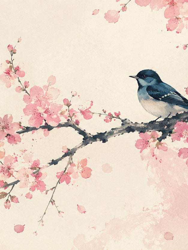 Blue Bird on Cherry Blossom Branch: Watercolor Art Print - artwork on paper
