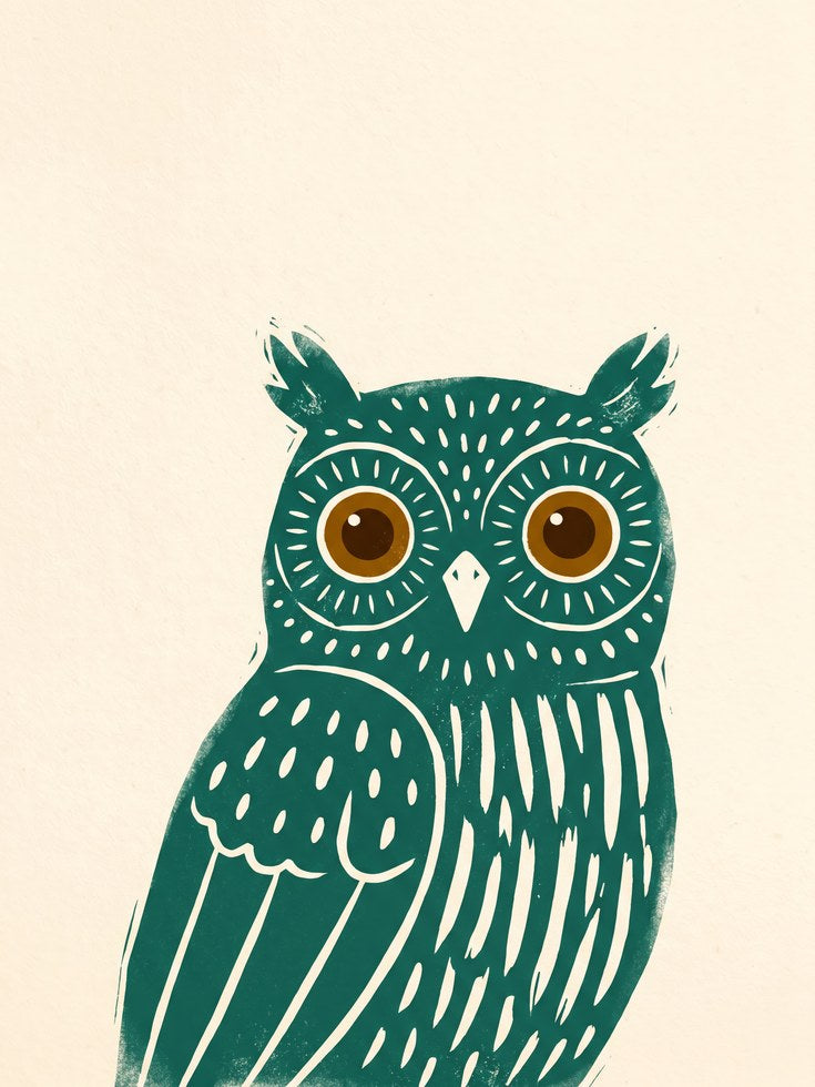 Teal Owl Art Print: Scandinavian Folk Style Nursery Decor - artwork on paper