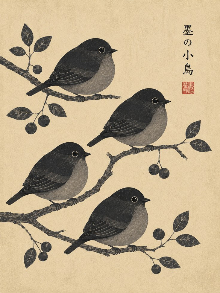 Japanese Birds on Branch Print: Traditional Ink Wash Artwork - artwork on paper