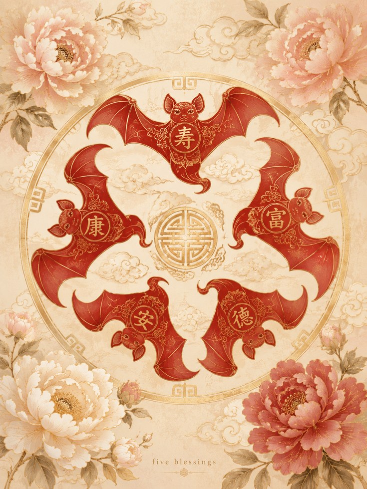 Five Blessings Bat Circle Art Print: Chinese Peony Folk Design - artwork on paper