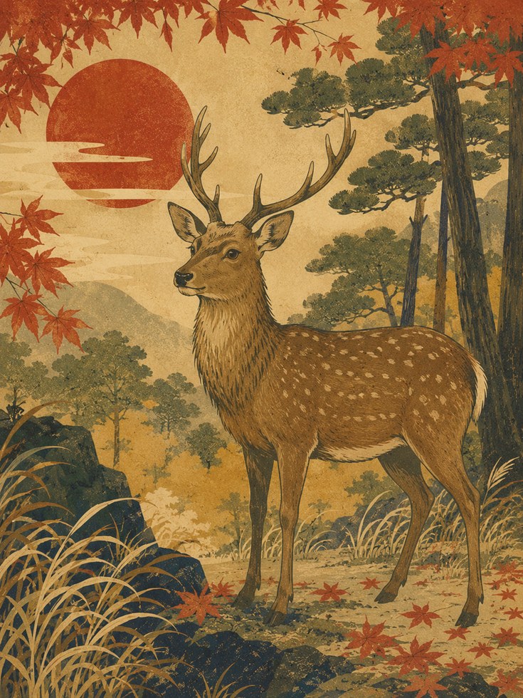 Japanese Deer Art Print: Vintage Autumn Sunset Forest Scene - artwork on paper