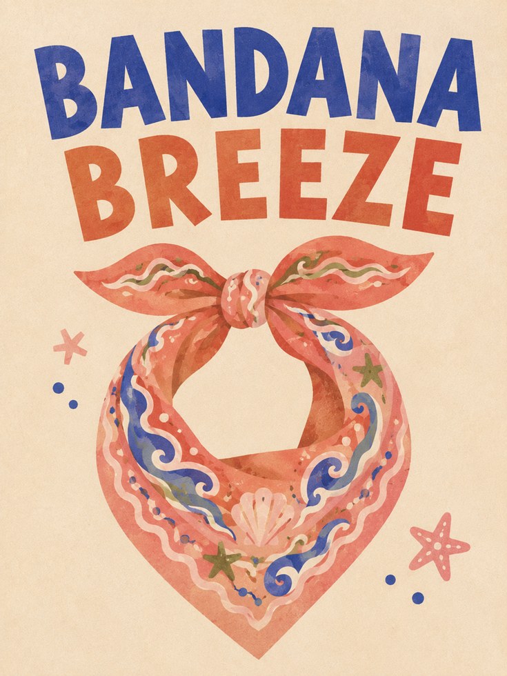 Bandana Breeze Print: Retro Folk Art with Coastal Motifs - artwork on paper