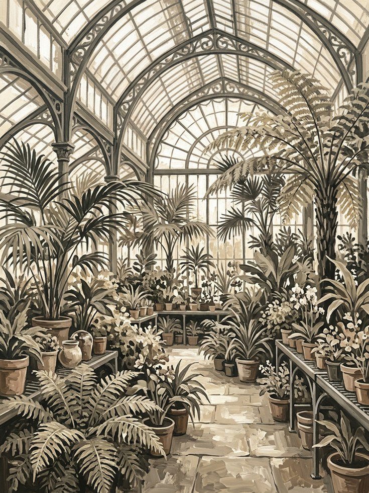 Victorian Conservatory Print: Sepia Botanical Greenhouse Art - artwork on paper