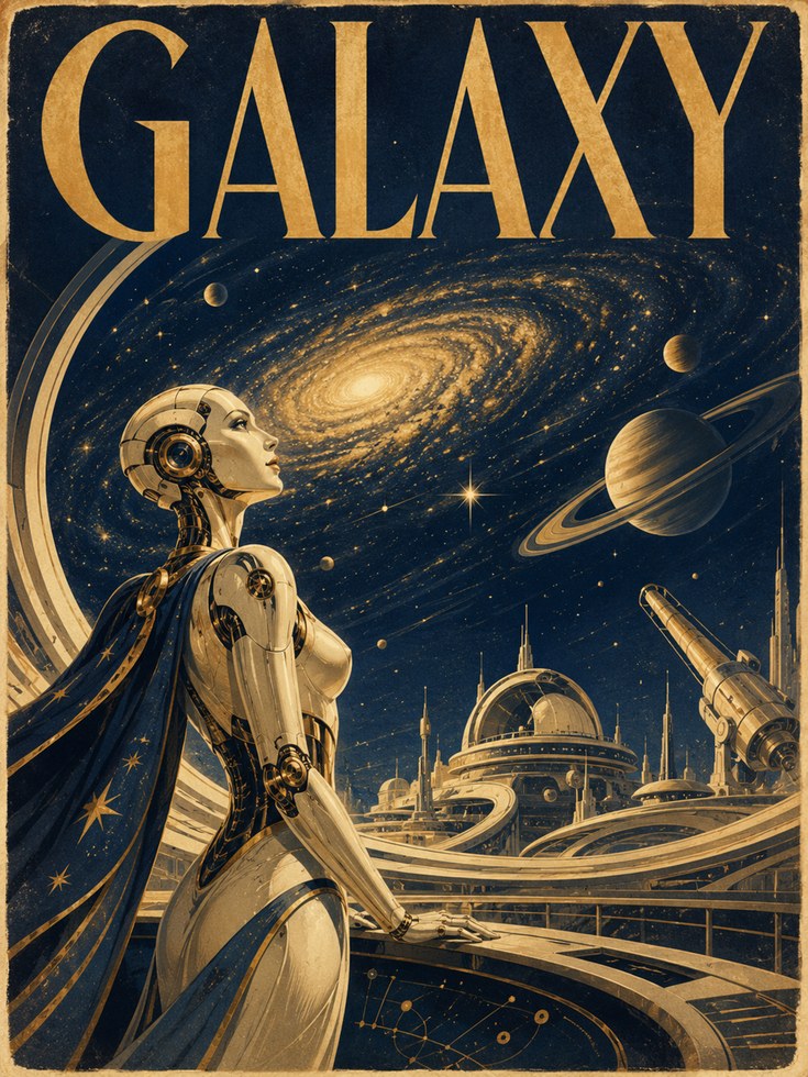 Retro Sci-Fi Galaxy Poster: Art Deco Robot and Space Scene - artwork on paper