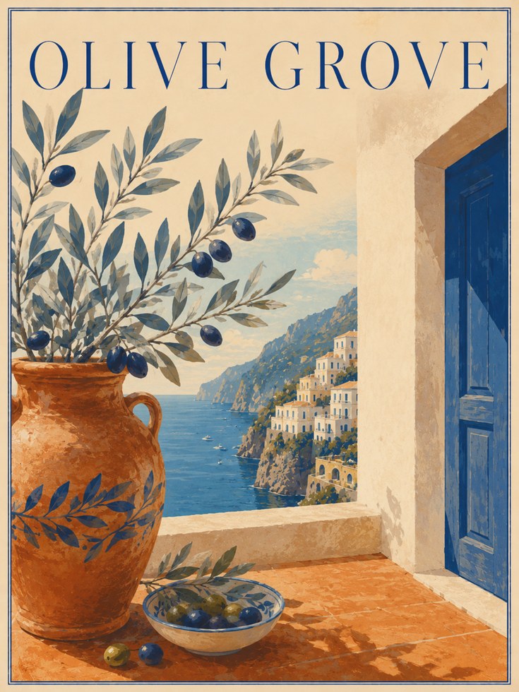 Mediterranean Wall Art: Olive Grove Scene - artwork on paper